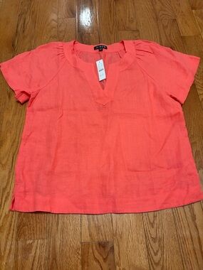 J. Crew Coral-Orange Linen Notch-Neck Short Sleeve Top